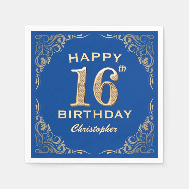 16th Birthday Party Blue and Gold Glitter Frame Napkin (Front)