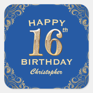 16th Birthday Party Blue and Gold Glitter Frame Square Sticker
