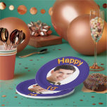 16th birthday party blue gold photo paper plate<br><div class="desc">A paper plate for a 16th birthday party for guys. Template for your photo.  Blue background and the text: Happy 16.  The text is written with a trendy faux gold balloon script.
Matching paper napkins are available in our store!</div>