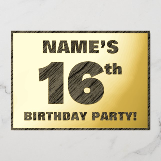16th Birthday Party — Bold, Faux Wood Grain Text (Front)