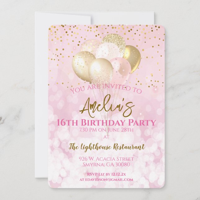 16th Birthday Party Glamourous Pink Invitation (Front)