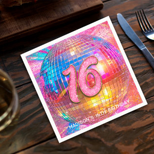 16th Birthday Party Gold Pink Glitter Disco Ball Napkin