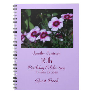 16th Birthday Party Guest Book, Purple Flowers Spiral Notebook