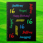 16th Birthday Party Guest Book, Repeat Name spiral Spiral Notebook<br><div class="desc">What a wonderful, personalised name spiral notebook Guest Book for a 16th birthday party or any other occasion. On the cover, Name and Age repeats in different fonts and primary colours on a black background. Easy to personalise - just CHANGE NAME, AGE, and OCCASION in ONE PLACE. Supports name up...</div>