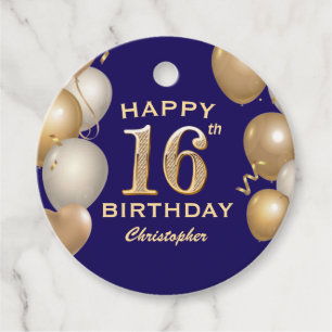 16th Birthday Party Navy Blue and Gold Balloons Favour Tags