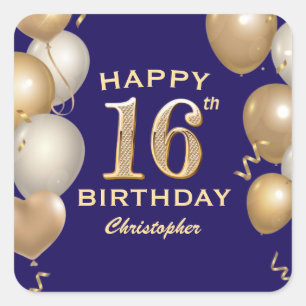 16th Birthday Party Navy Blue and Gold Balloons Square Sticker