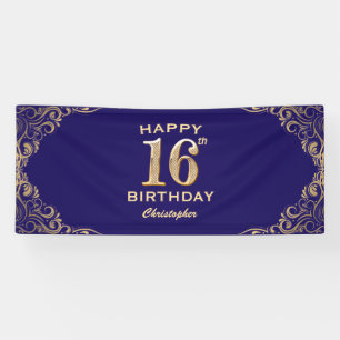 16th Birthday Party Navy Blue and Gold Glitter Banner