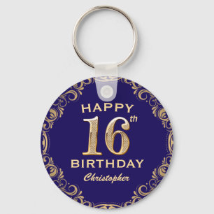 16th Birthday Party Navy Blue and Gold Glitter Key Ring
