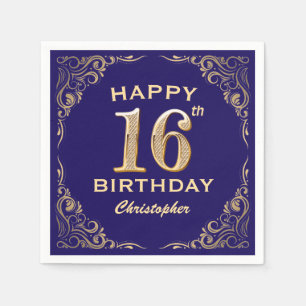 16th Birthday Party Navy Blue and Gold Glitter Napkin