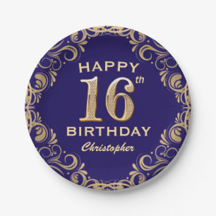 16th Birthday Party Navy Blue and Gold Glitter Paper Plate