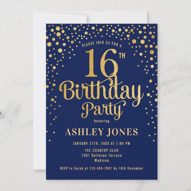 16th Birthday Party - Navy & Gold Invitation (Front)