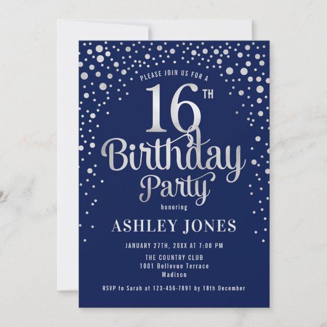 16th Birthday Party - Navy & Silver Invitation (Front)