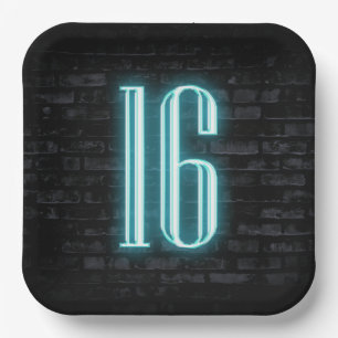 16th Birthday Party Neon Sign on Brick Paper Plate
