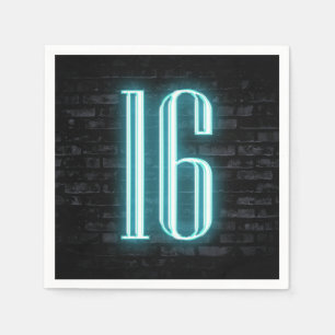16th Birthday Party Neon Sign on Brick Wall Napkin