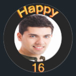 16th birthday party photo black gold classic round sticker<br><div class="desc">A sticker for a 16th birthday party for guys. Template for your photo.  Black background and the text: Happy 16.  The text is written with a trendy faux gold balloon script.</div>