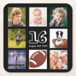 16th birthday party photo collage boy black square paper coaster<br><div class="desc">A coaster for a 16th birthday party for a boy,  celebrating his life with a collage of 8 of your photos.  Templates for the age 16 and a date.  Date of birth or the date of the party.  White coloured letters.  Black background.</div>