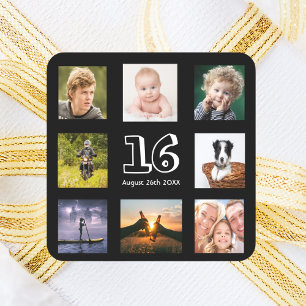 16th birthday party photo collage boy black square sticker
