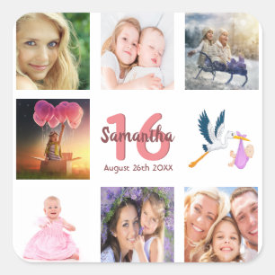 16th birthday party photo collage monogram square sticker