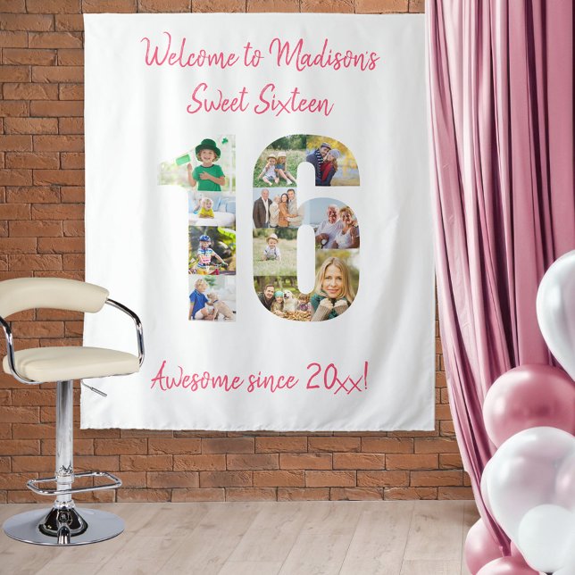 16th Birthday Party Photo Collage Pink Backdrop Tapestry (Creator Uploaded)