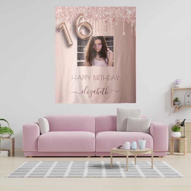 16th birthday party photo rose gold glitter pink tapestry (Creator Uploaded)