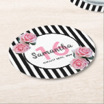 16th birthday party pink roses black white stripes round paper coaster<br><div class="desc">A coaster for a 16th birthday party for a girl. Classic slim black and white vertical stripes as background. With girly, feminine and romantic pink roses as decoration. A white and pink frame on front with template for age, name and date. Age number 16 in pink, name and date in...</div>