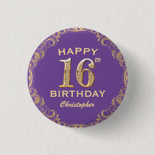 16th Birthday Party Purple and Gold Glitter Frame 3 Cm Round Badge
