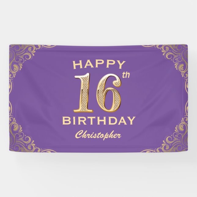 16th Birthday Party Purple and Gold Glitter Frame Banner (Horizontal)