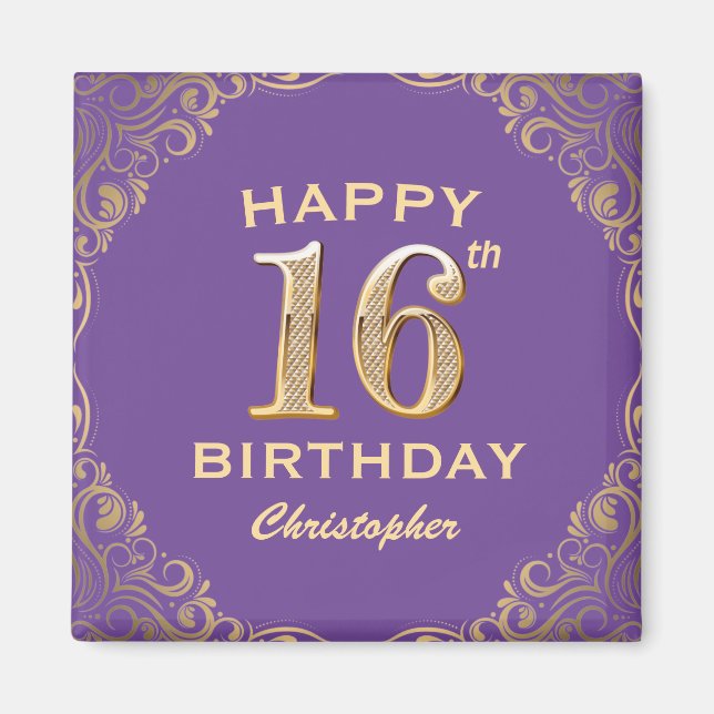 16th Birthday Party Purple and Gold Glitter Frame Magnet (Front)