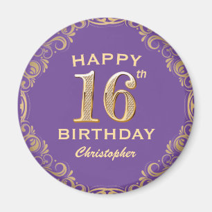 16th Birthday Party Purple and Gold Glitter Frame Magnet
