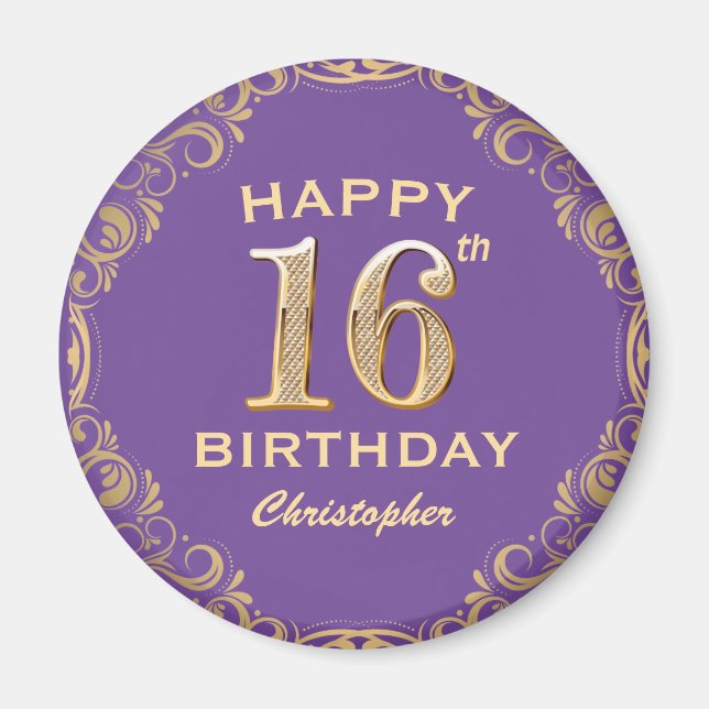 16th Birthday Party Purple and Gold Glitter Frame Magnet (Front)