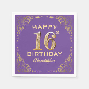 16th Birthday Party Purple and Gold Glitter Frame Napkin