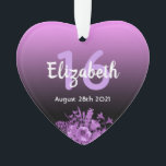 16th birthday party purple black gradient name ornament<br><div class="desc">Glamourous ornament for a Sweet 16th birthday with elegant and modern black and pink,  purple gradient,  ombre backdrop. With ultra violet and purple coloured watercolored flowers.  Templates for name,  age 16 and date,  white and purple coloured letters. Perfect as a party decoration,  keepsake or gift.</div>