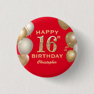 16th Birthday Party Red and Gold Balloons 3 Cm Round Badge