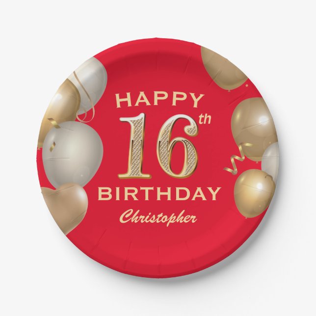 16th Birthday Party Red and Gold Balloons Paper Plate (Front)