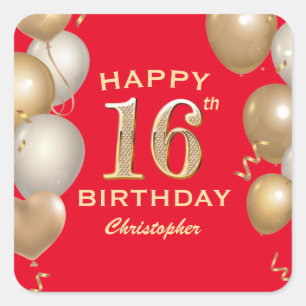 16th Birthday Party Red and Gold Balloons Square Sticker
