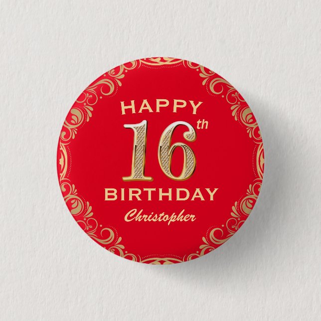 16th Birthday Party Red and Gold Glitter Frame 3 Cm Round Badge (Front)