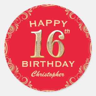 16th Birthday Party Red and Gold Glitter Frame Classic Round Sticker