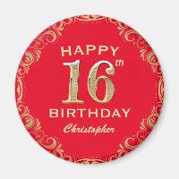 16th Birthday Party Red and Gold Glitter Frame