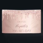 16th birthday party rose gold blush glitter drips banner<br><div class="desc">A banner for a girly and glamourous 16th birthday party. A faux rose gold metallic looking background with an elegant faux rose gold glitter drips, paint drip look. The text: Tempate for a name written in dark rose gold with a large modern hand lettered style script. Templates for a date...</div>