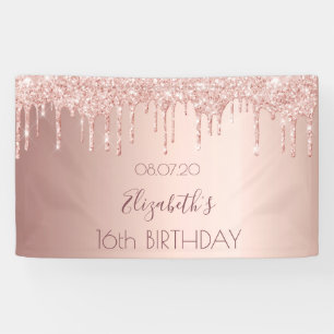 16th birthday party rose gold blush glitter drips banner