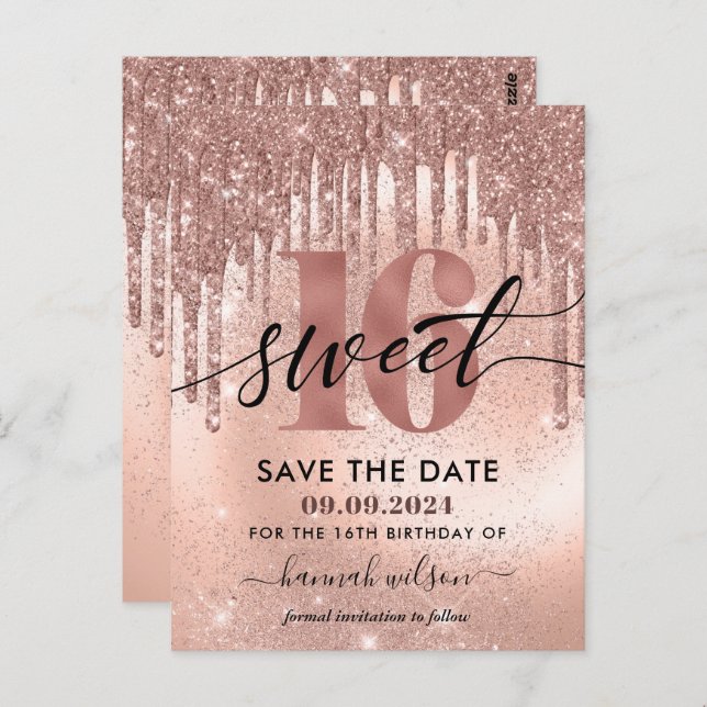16th Birthday Party Rose Gold Save The Date  Postcard (Front/Back)