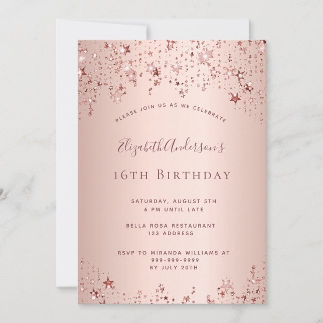 16th birthday party rose gold stars sprinkle invitation (Front)