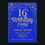 16th Birthday Party - Royal Blue & Gold Invitation<br><div class="desc">16th Birthday Party Invitation.
Elegant design in royal blue and faux glitter gold. Features stylish script font and confetti. Message me if you need custom age.</div>