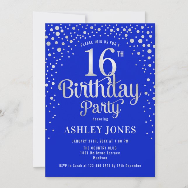 16th Birthday Party - Royal Blue & Silver Invitation (Front)