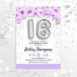 16th Birthday Party - Silver Balloons Purple Invitation<br><div class="desc">16th birthday party invitation. Elegant design in faux glitter silver with floral accent. Invite card with silver number 16 balloons,  script font with confetti. Pastel purple,  lavender and white. Perfect for a stylish sixteenth bday celebration. Message me if you need custom age.</div>