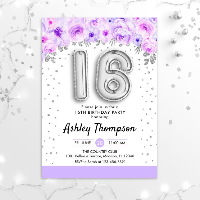 16th Birthday Party - Silver Balloons Purple Invitation (Creator Uploaded)
