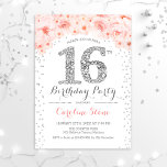16th Birthday Party - White Silver Pink Invitation<br><div class="desc">16th Birthday Party Invitation
Elegant design in faux glitter silver,  pink and white. Stylish floral invitation with diamonds and roses. Perfect for a glam celebration. Please message me if you need further customisation.</div>