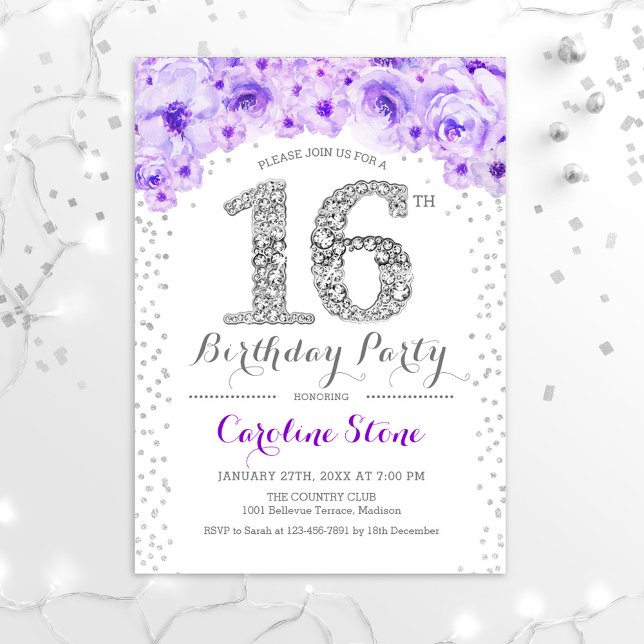 16th Birthday Party - White Silver Purple Invitation (Creator Uploaded)