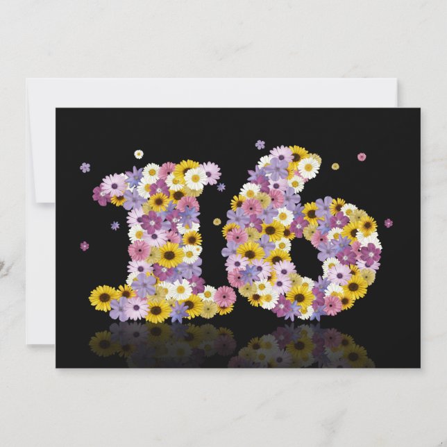 16th Birthday party, with flowered letters Invitation (Front)