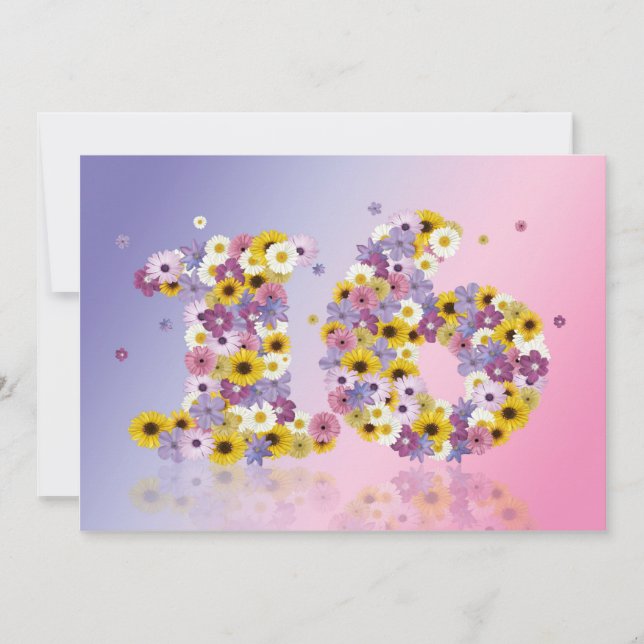 16th Birthday party, with flowered letters Invitation (Front)